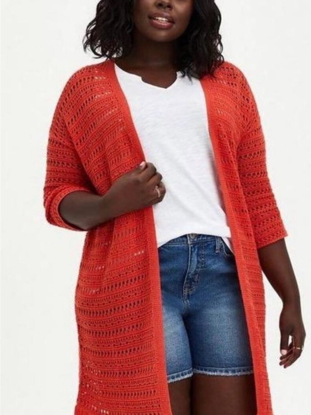 torrid Open-Knit Long Cardigan Sweater - Orange